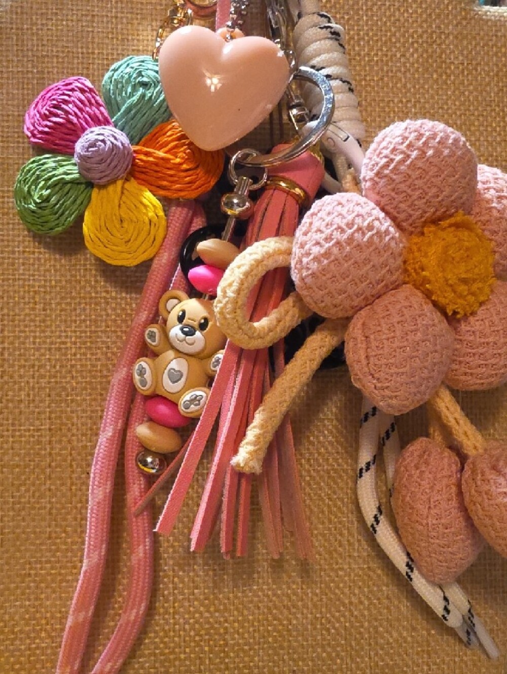 Colorful Flower & Bear Bag Charm Keychain - Pink, Yellow, Green - Picture 2 of 2